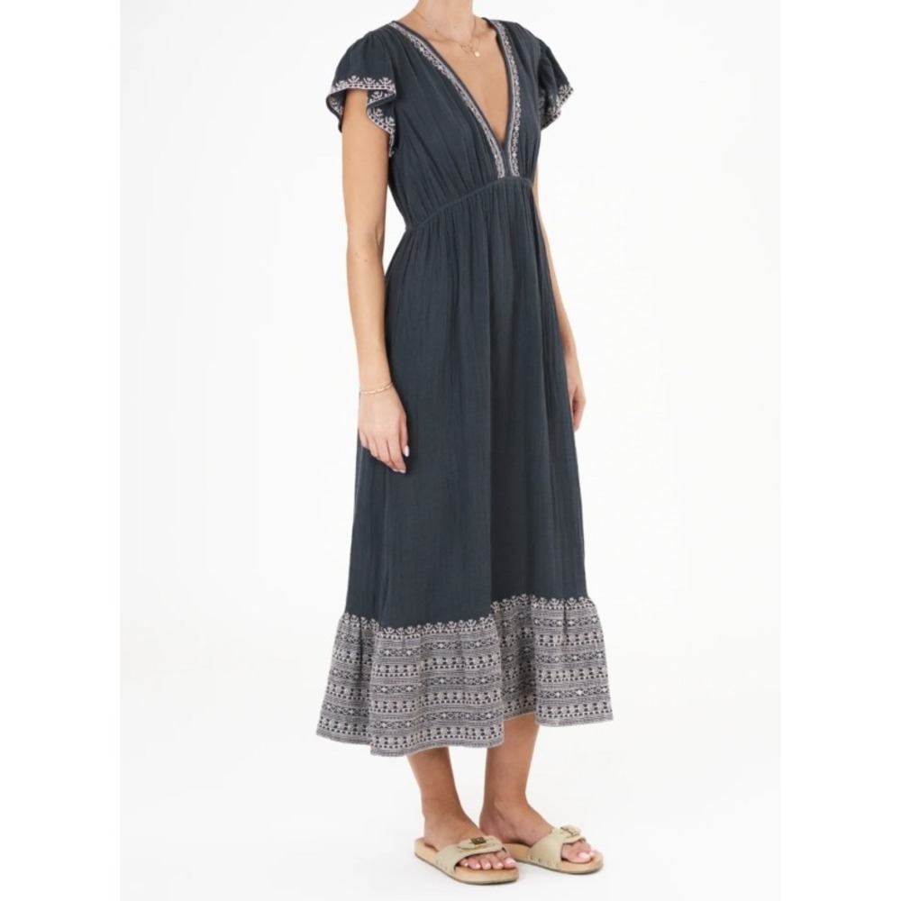 M.A.B.E Embroidered Cotton Midi Dress Women Sz S Navy Blue Flutter Sleeve Gauze